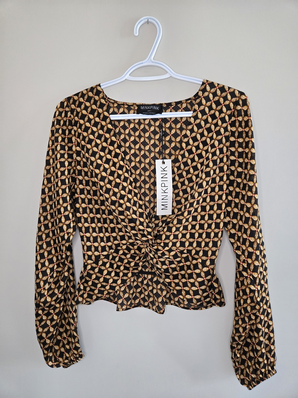 MINKPINK Valentina Twist Blouse - Black & Gold Print, Long Sleeve - NWT